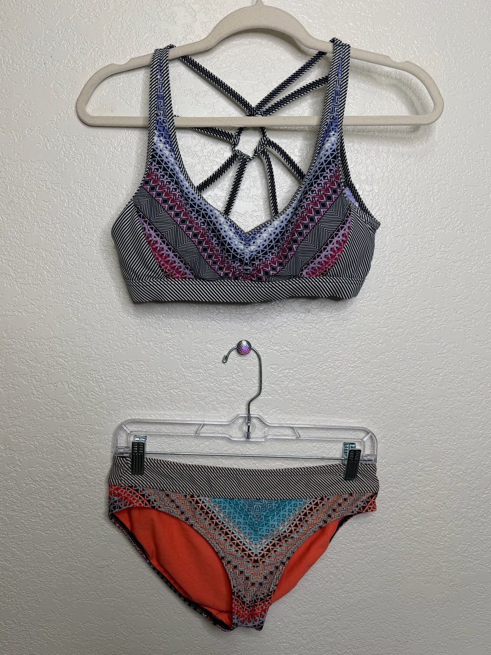 Prana Dreaming Bikini Black Purple Aztec Sz S Beachy Boho Vacation Summer Swim